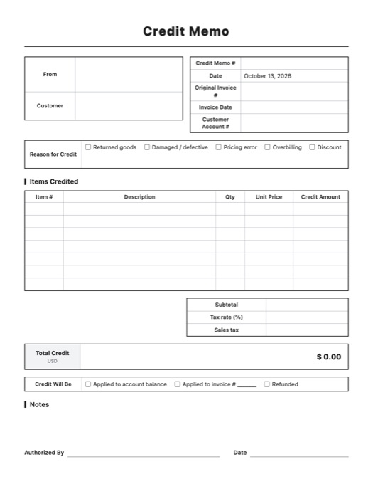 Credit Memo template preview