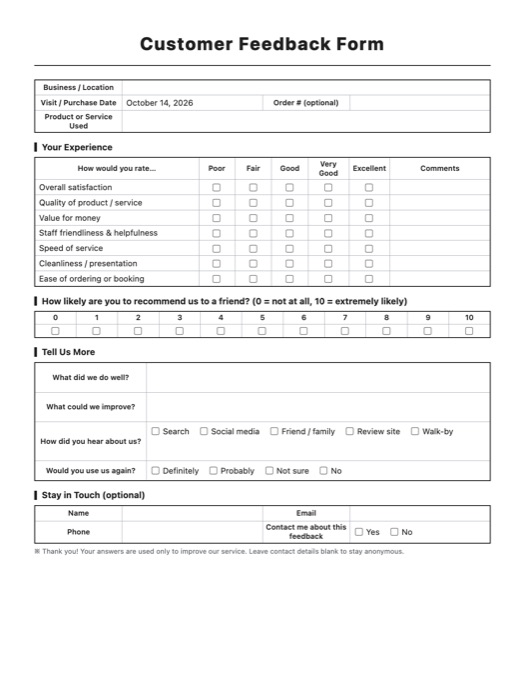 Customer Feedback Form template preview