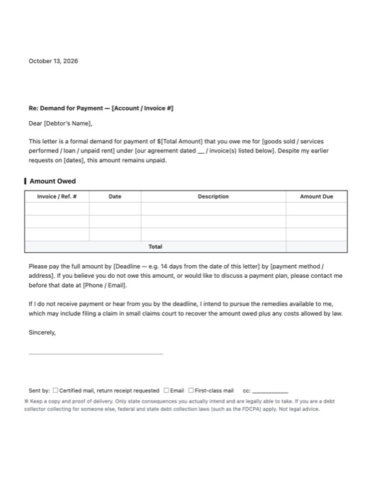 Demand Letter for Payment template preview