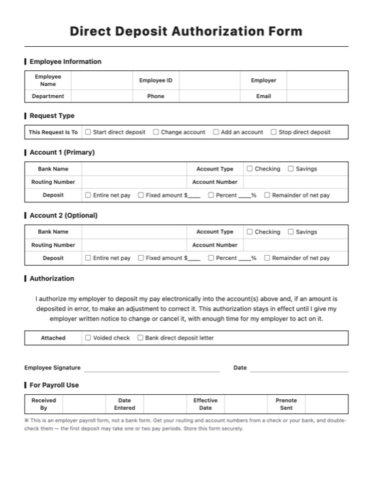 Direct Deposit Authorization Form template preview
