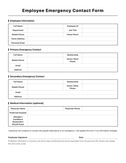Employee Emergency Contact Form template preview