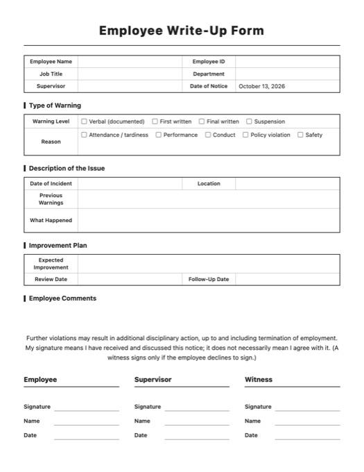 Employee Write-Up Form template preview