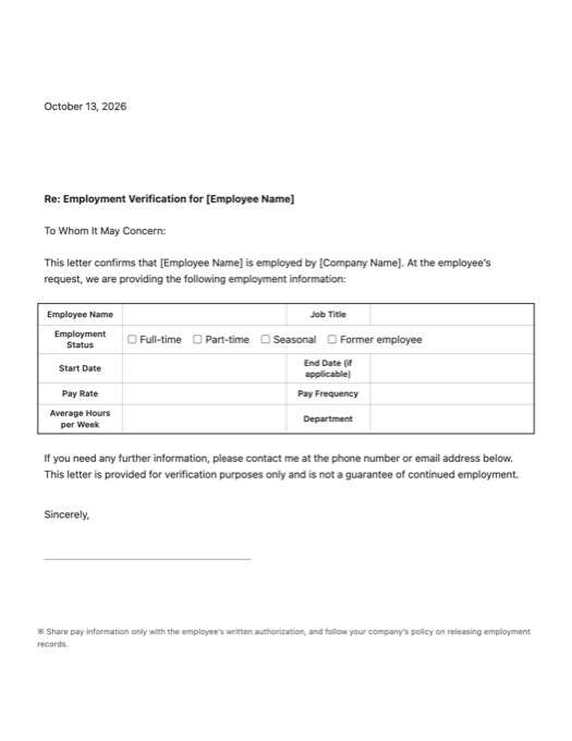 Employment Verification Letter template preview