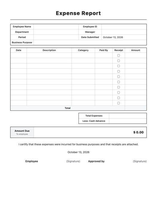 Expense Report template preview