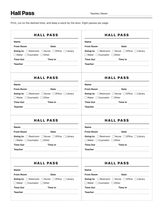 Hall Pass template preview