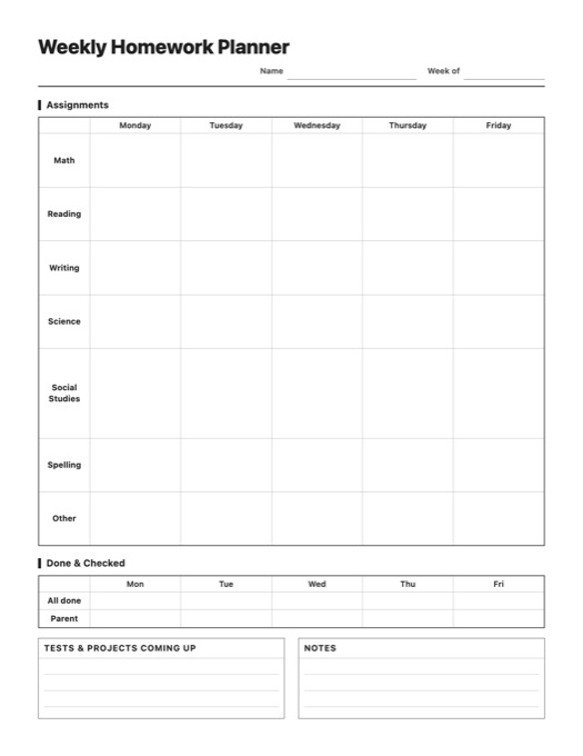 Weekly Homework Planner template preview