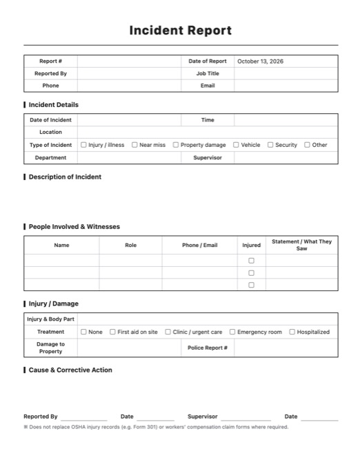 Incident Report template preview