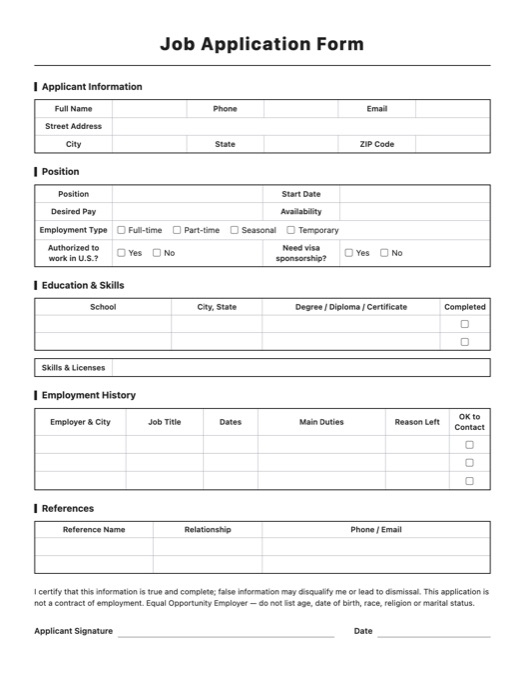 Job Application Form template preview