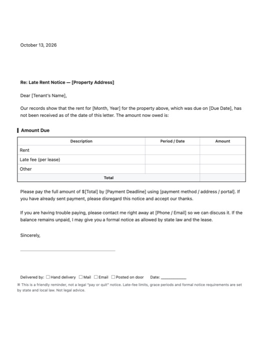 Late Rent Notice template preview