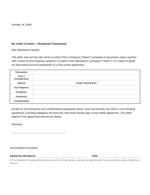 Letter of Intent template preview