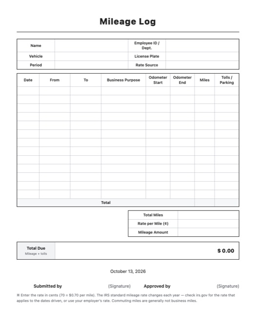 Mileage Log template preview
