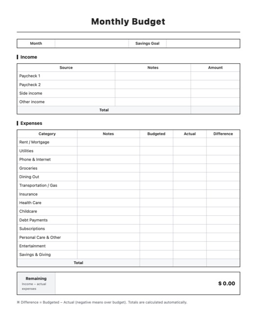 Monthly Budget template preview