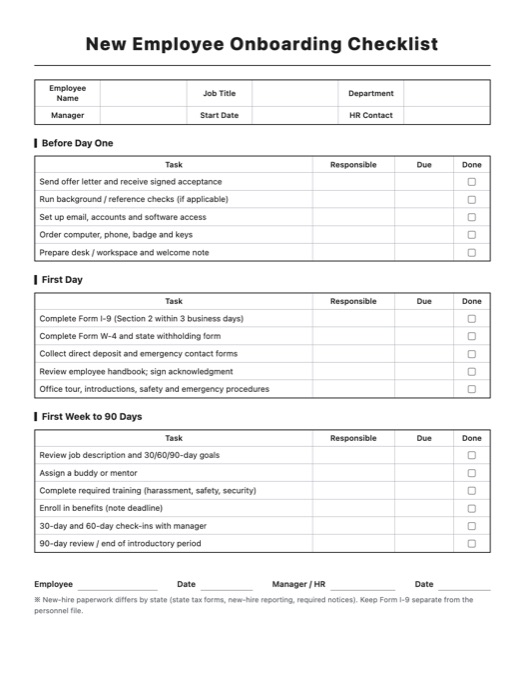 New Employee Onboarding Checklist template preview