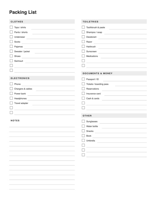 Packing List template preview