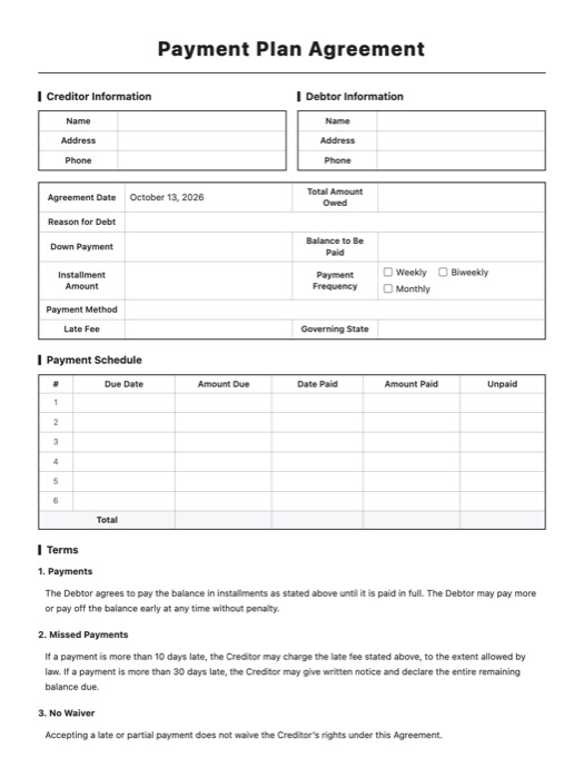 Payment Plan Agreement template preview