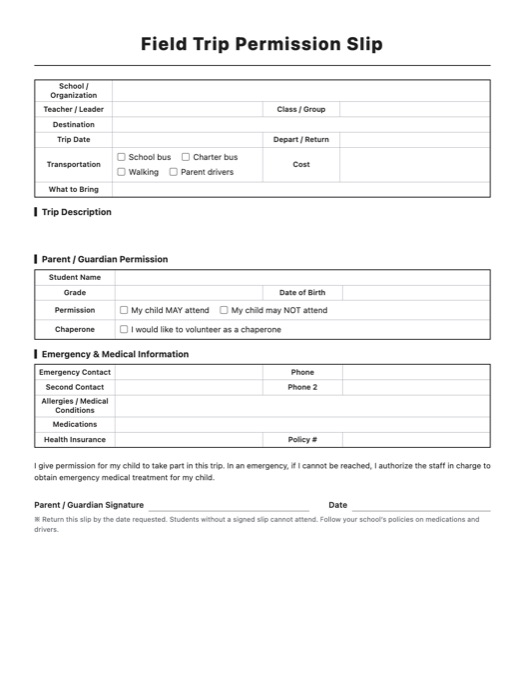 Field Trip Permission Slip template preview