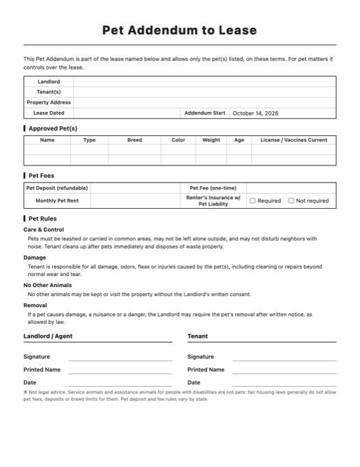 Pet Addendum to Lease template preview