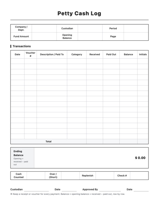 Petty Cash Log template preview