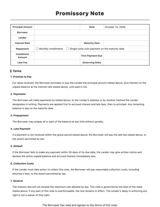 Promissory Note template preview