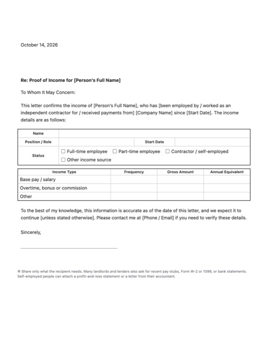 Proof of Income Letter template preview