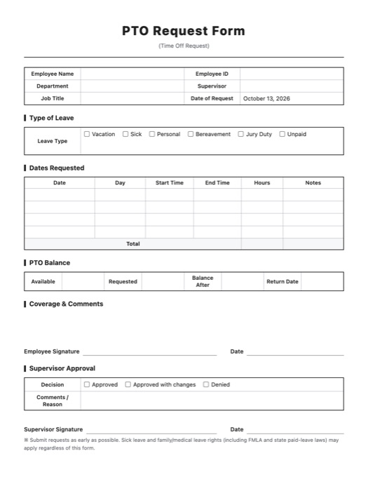 PTO Request Form template preview