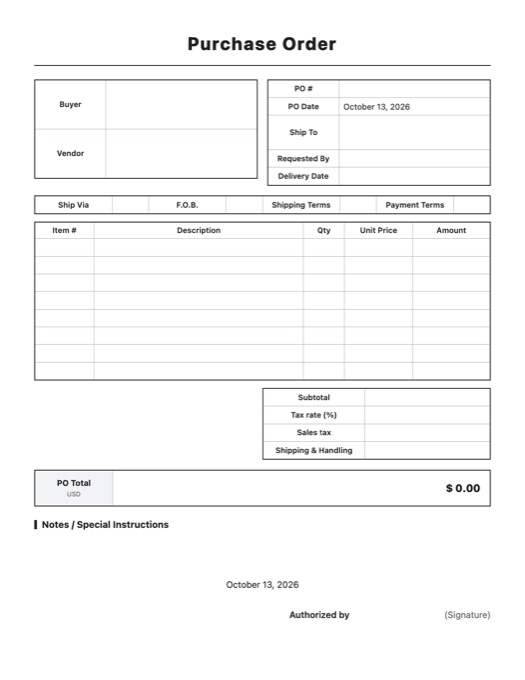 Purchase Order template preview