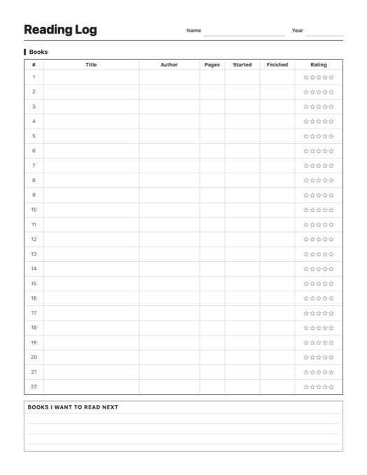Reading Log template preview