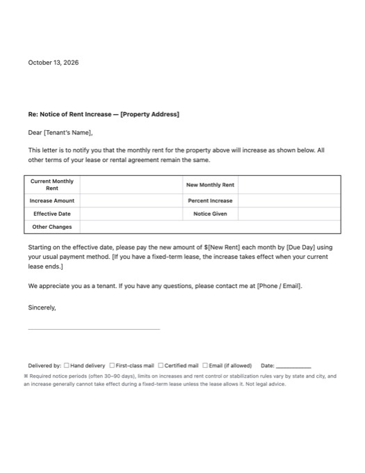 Rent Increase Notice template preview