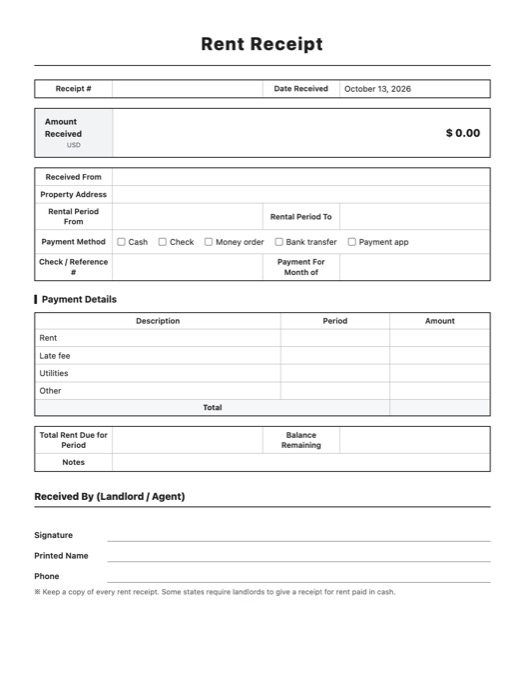Rent Receipt template preview