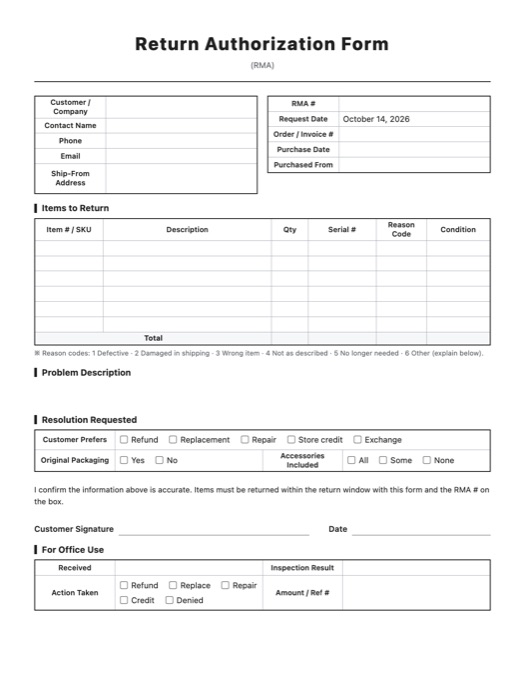Return Authorization Form template preview