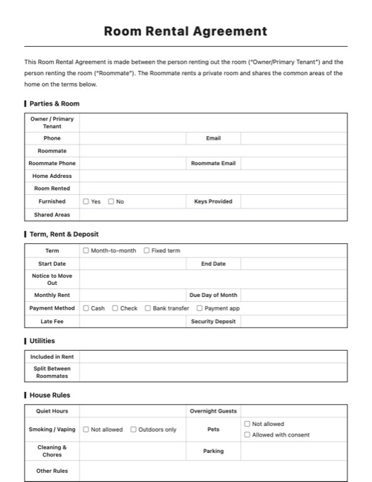 Room Rental Agreement template preview
