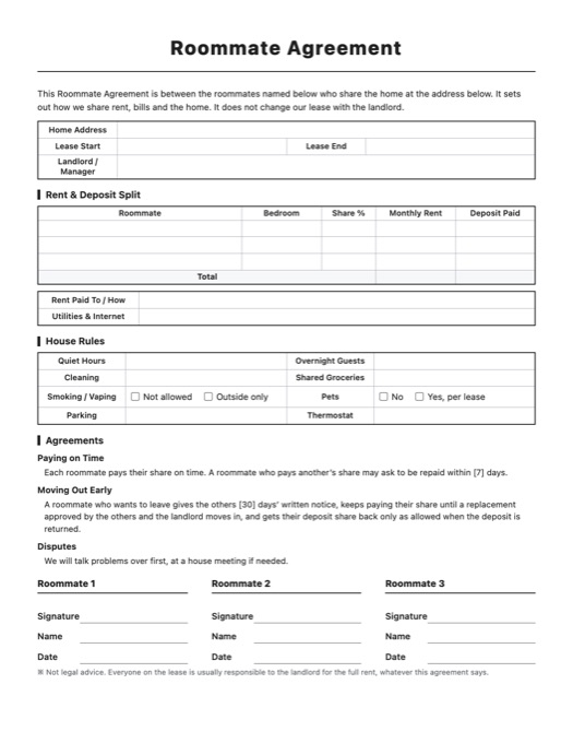 Roommate Agreement template preview