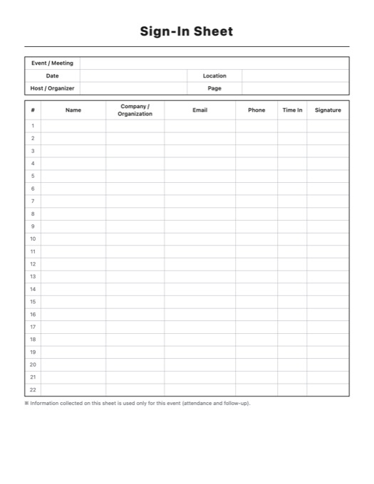Sign-In Sheet template preview