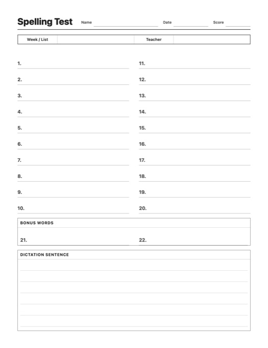 Spelling Test template preview