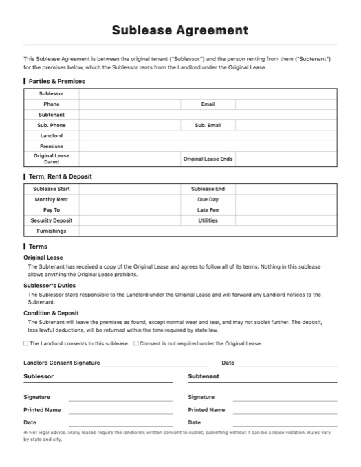 Sublease Agreement template preview