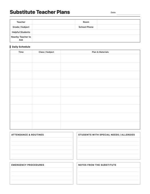 Substitute Teacher Plans template preview