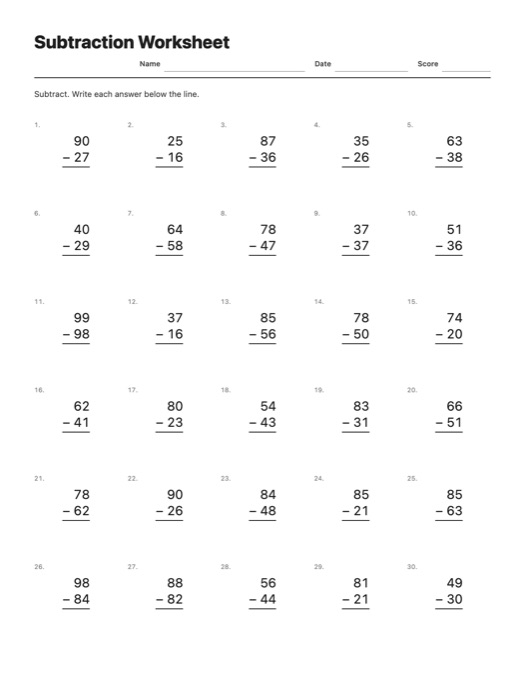 Subtraction Worksheet template preview