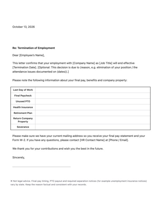 Termination Letter template preview