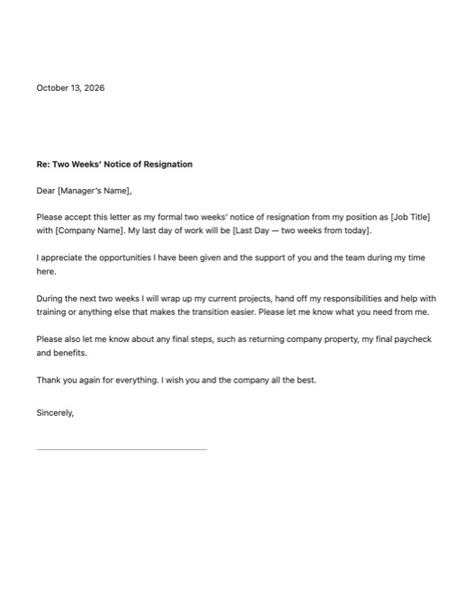 Two Weeks Notice Letter template preview