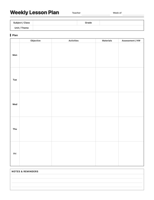 Weekly Lesson Plan template preview
