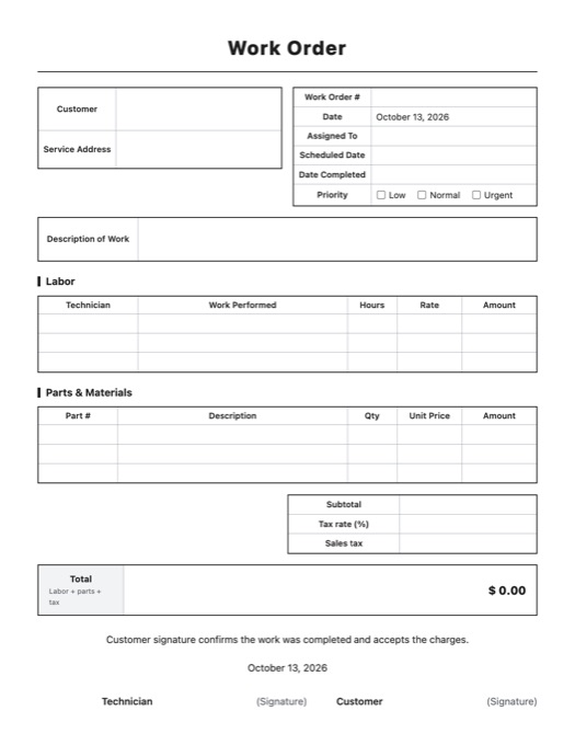 Work Order template preview
