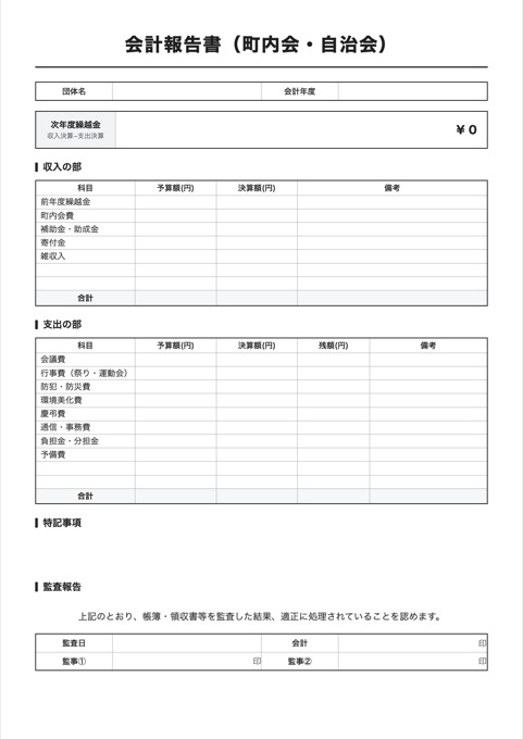 会計報告書（町内会・自治会） テンプレートのプレビュー