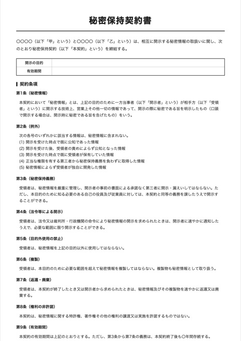 秘密保持契約書 テンプレートのプレビュー