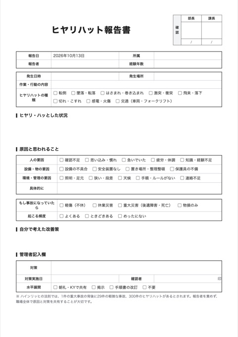 ヒヤリハット報告書 テンプレートのプレビュー