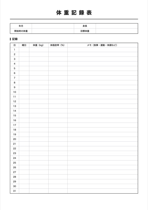 体重記録表 テンプレートのプレビュー