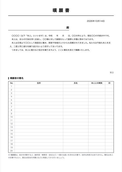 嘆願書 テンプレートのプレビュー