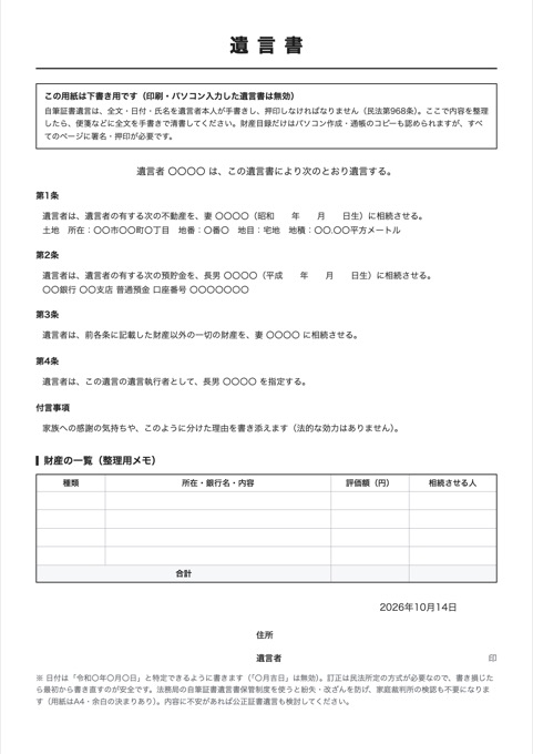 遺言書 テンプレートのプレビュー
