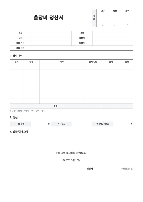 출장비 정산서 양식 미리보기